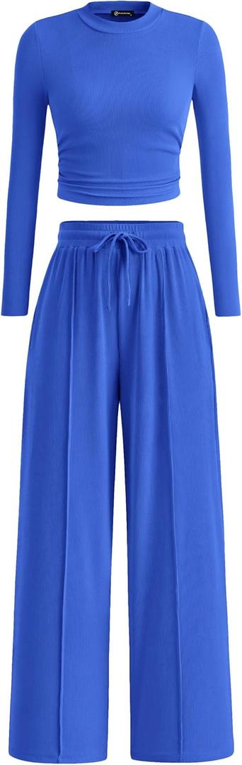 PRETTYGARDEN Women's 2 Piece Sets 2026 Fall Long Sleeve Crop Tops Wide Leg Pants Matching Outfit Tracksuits Spring Clothes, XXL 