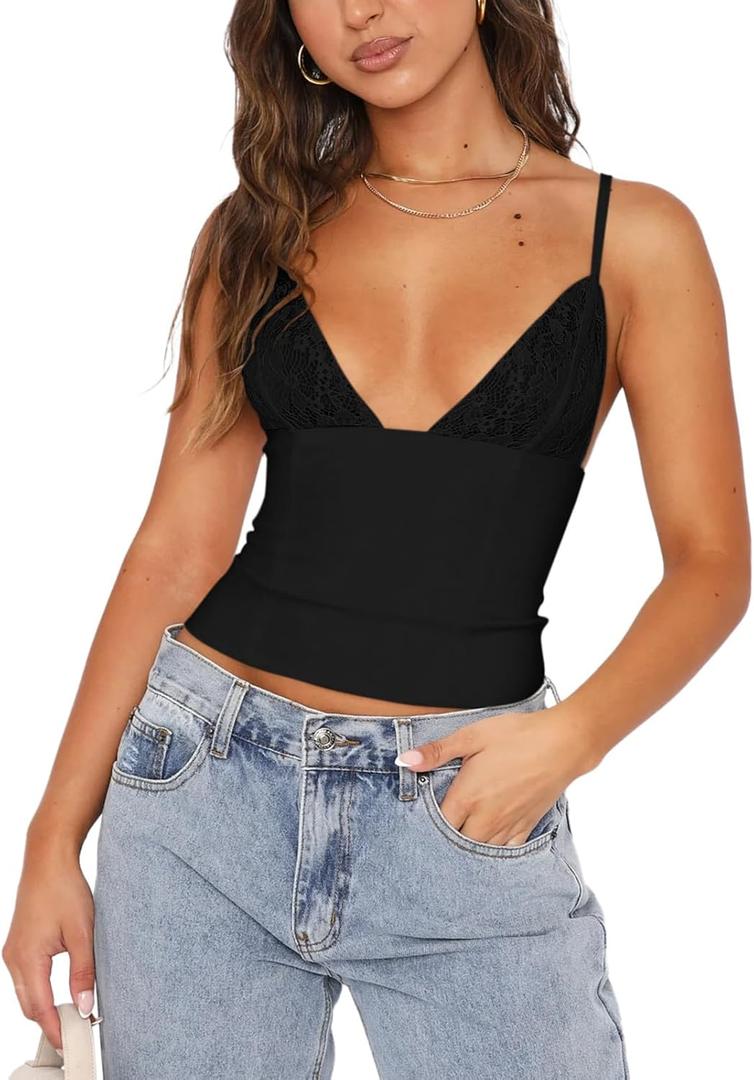 REORIA Lace Tops for Women Sexy V Neck Sleeveless Double Lined Going Out Tank Y2K Fashion Crop Top 2025 Trendy (Medium, Black)