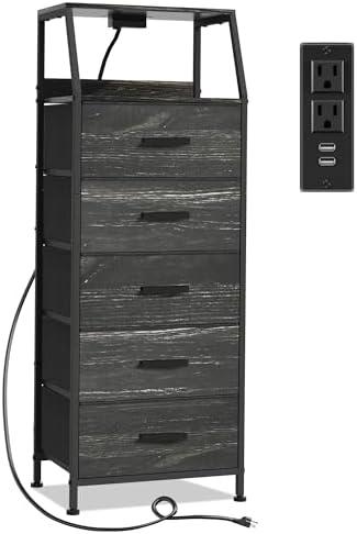 Nightstand 5 Drawer Dresser with Charging Station, Side Table with Fabric Drawers, End Table with Open Shelf, Bedside Table with USB Ports and Outlets, Tall Dresser for Bedroom, Hallway, Black