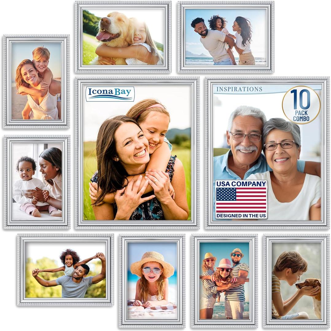 Icona Bay 10pc Table Top Picture Frame Set (No Wall Hook) Two - 8x10, Four - 5x7, Four - 4x6, Silver