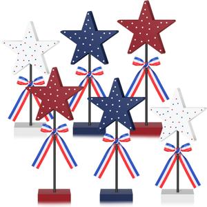 Briwooody 6 Pcs 4th of July Decoration Wooden Sign Retro Red White Blue Star Patriotic Tabletop Centerpiece Memorial Day Tiered Tray Decor for Veterans Independence Day Home Office