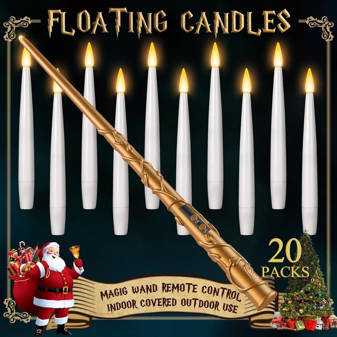 Floating Candles with Wand 20PCs -Christmas Magic Hanging Flameless Candles Taper Candles with Remote for Halloween Window Home Bedroom Birthday Party Decorations