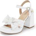 IDIFU IN4 Platform Chunky Block High Bow Heels Square Open Toe Slingback Heeled Sandals Bride Bridesmaid Wedding Bridal Prom Dress Shoes Comfortable Dressy Cute Ankle Strap Thick Heels (7.5, White Satin)