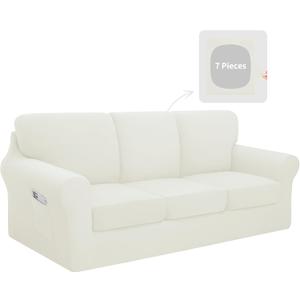 Easy-Going 7 Pieces Stretch Couch Cover Washable Sofa Cover Set for 3 Backrest and Seat Cushion Couch Anti-Slip Sofa Slipcover Furniture Protector with Elastic Bottom (Large, Ivory)