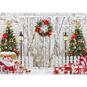 LYCGS 8X6ft Christmas Backdrop - White Barn Door Snowflake Xmas Tree Gifts Photography Background Party Decoration Banner X-176