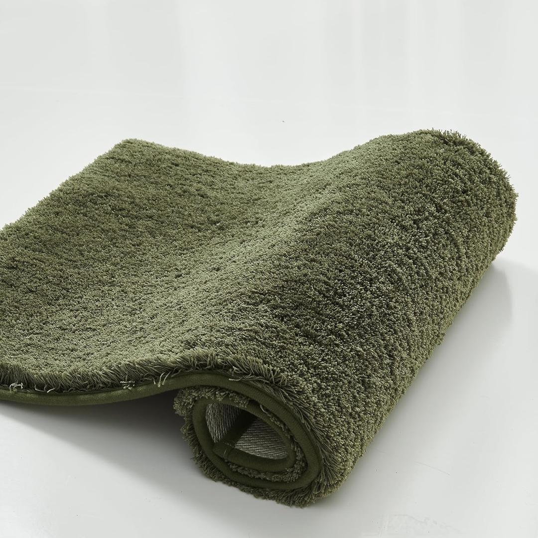 CozeCube Upgraded Shaggy Bath mat for Bathroom Non Slip 20" X 32", Super Soft Quick Dry Bath Rugs, Fluffy Plush Bathroom Rugs Machine Washable, Olive Green (1'8" x 2'8" (Rectangular))