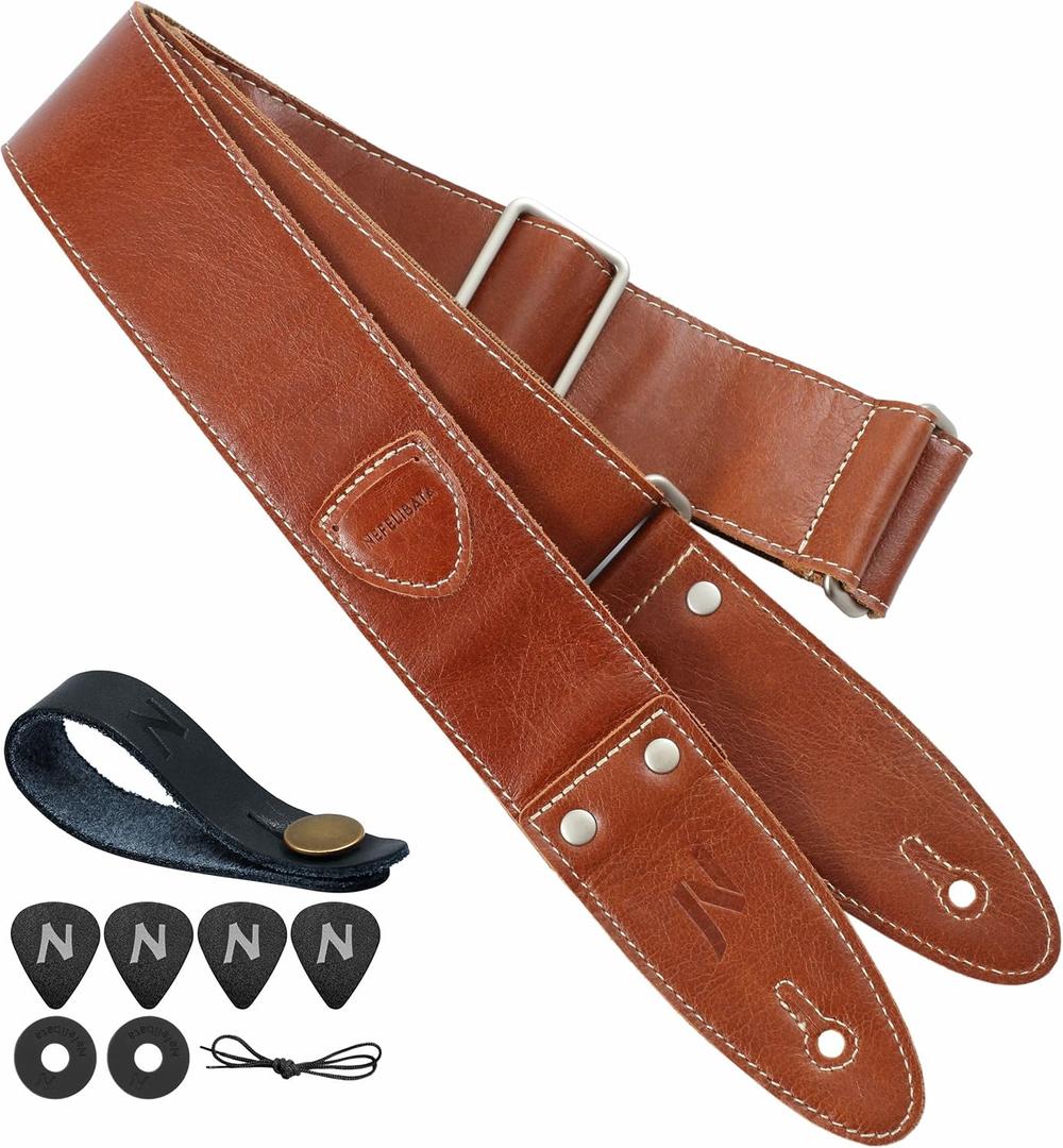 Nefelibata Guitar Strap, 2"Full Grain Leather Guitar Straps with Pick Pocket for Bass, Electric & Acoustic Guitar, Come with Guitar Picks,Strap Button and Strap Locks(Coffee Brown)