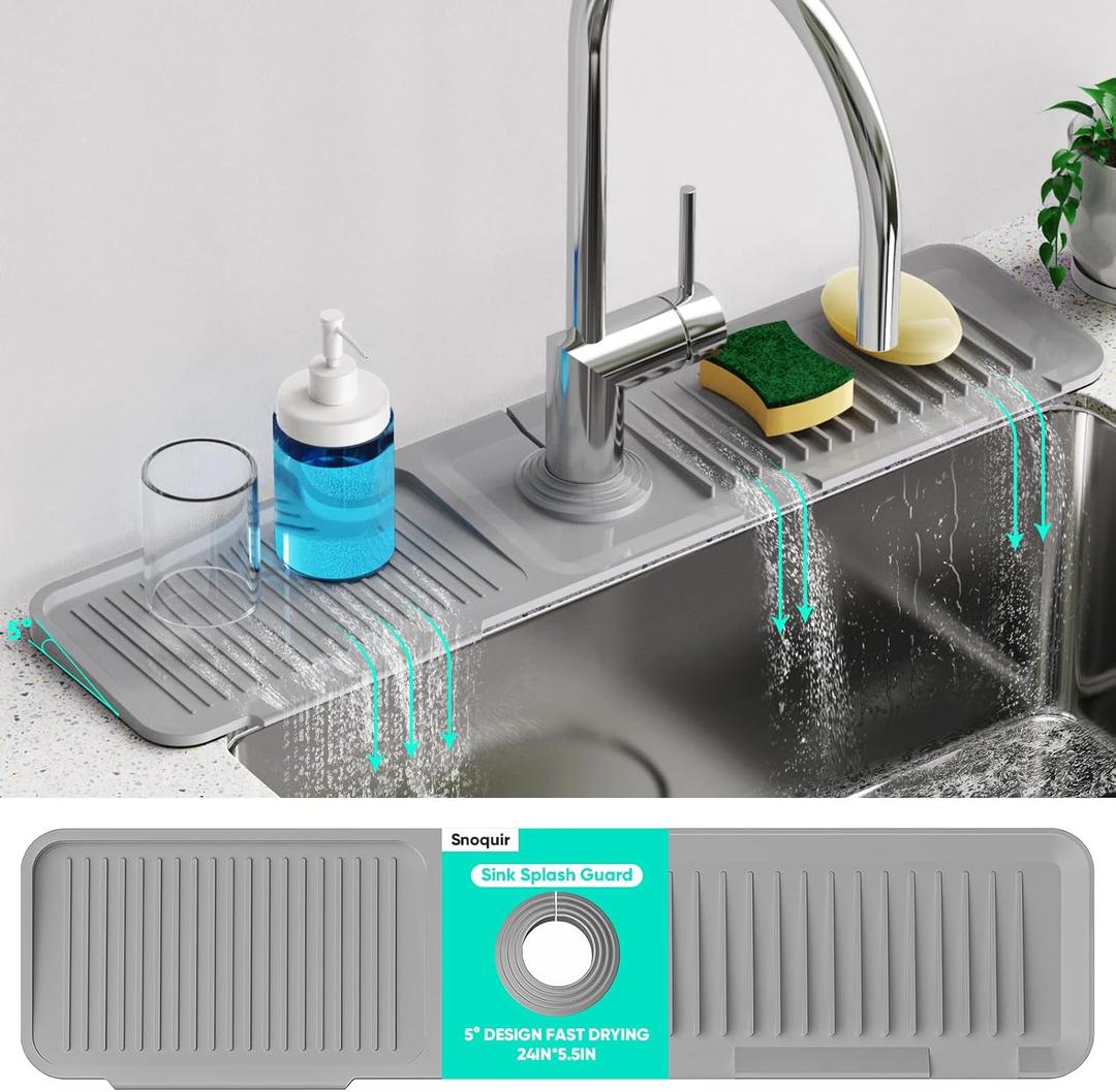 24 Inch Longer Faucet Mat for Kitchen Sink [5 Slope Fast Self-draining] Bathroom Kitchen Sink Splash Guard Silicone Sinks Faucet Mat Splash Guard for Kitchens Sinks Area Tidy Splashs Draining Mats (Gray)