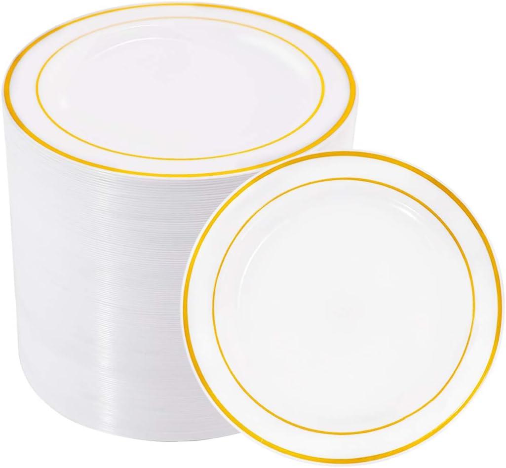 BUCLA 100Pieces Gold Plastic Plates - 6.25 Inch White with Gold Rim Disposable Salad/Dessert/Appetizer/Small Cake Plates Premium Hard - Ideal for Wedding, Party