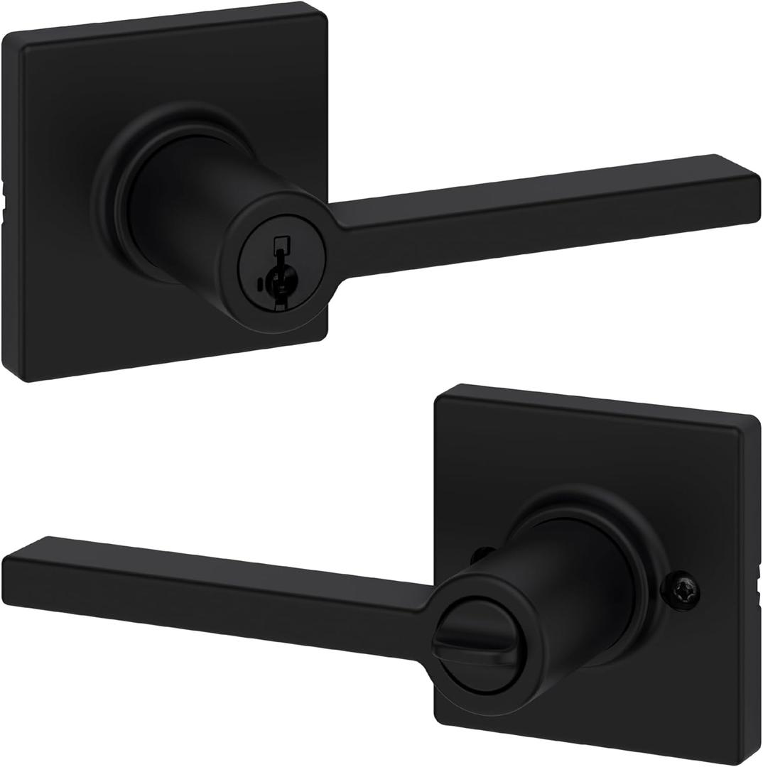 Kwikset Casey Entry Door Handle with Lock and Key, Secure Keyed Reversible Lever Exterior, For Front Entrance and Bedrooms, Matte Black , Pick Resistant Smartkey Rekey Security and Microban (1 Pack)