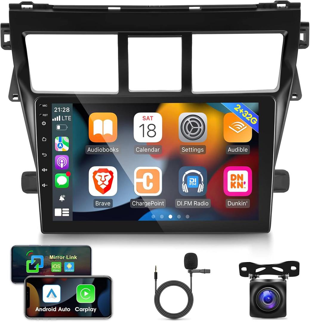 [2G+32G] Car Radio for Toyota Vios Yaris 20072012, 9 inch Android 11 Touch Screen Stereo, Carplay/Android Auto/Mirror Link/1080P/SWC/Bluetooth/WiFi +AHD Backup Camera+MIC