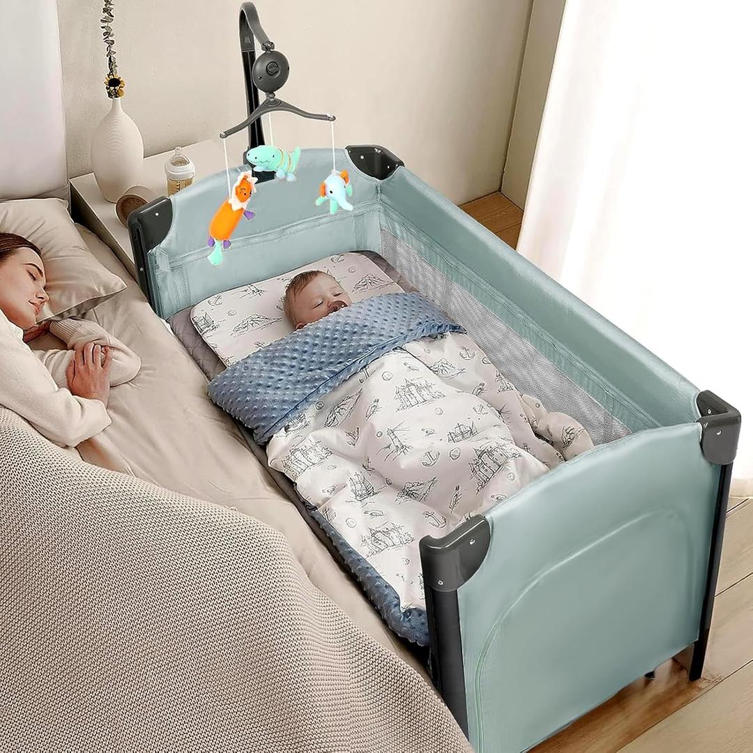 JOYMOR 3 in 1 Baby Bedside Bassinet, Bedside Sleeper with Mattress and Sheet, Convert to Bassinet, Playpen, Foldable Travel Baby Bed, with Wheels, Brake, Carry Bag