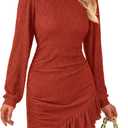 PRETTYGARDEN Women's Spring Fall Ruched Bodycon Mini Dress Long Puff Sleeve Ruffle Fitted Cocktail Party Dresses (Orange, L)