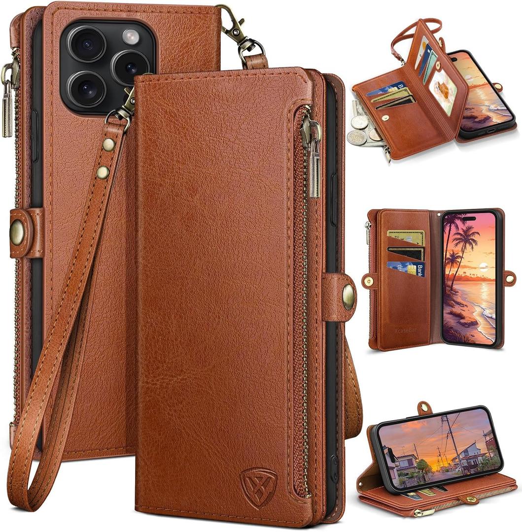 XcaseBar compatible with iPhone 16 Pro 6.3" Wallet case with Zipper Credit Card HolderRFID Blocking,Flip Folio Book PU Leather Phone case Shockproof Cover Women Men for Apple 16 Pro case Light Brown
