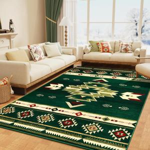 Western Rugs for Living Room, Non Slip Rustic Rug for Bedroom Dining Table Kitchen, Washable Aesthetic Area Rugs for Home Decor, 5ft x 7ft, Green