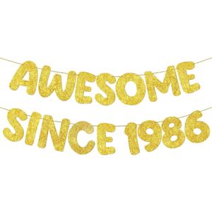 Fulmoon Pre-strung Awesome Since 1986 Banner Glitter Happy 40th Birthday Banner Funny 40th Birthday Decorations 1986 Party Decorations for Men Women Anniversary(Gold)