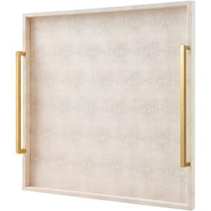 20"x20" Square Extra Large Leather Ottoman Tray with Gold Handles, Beige