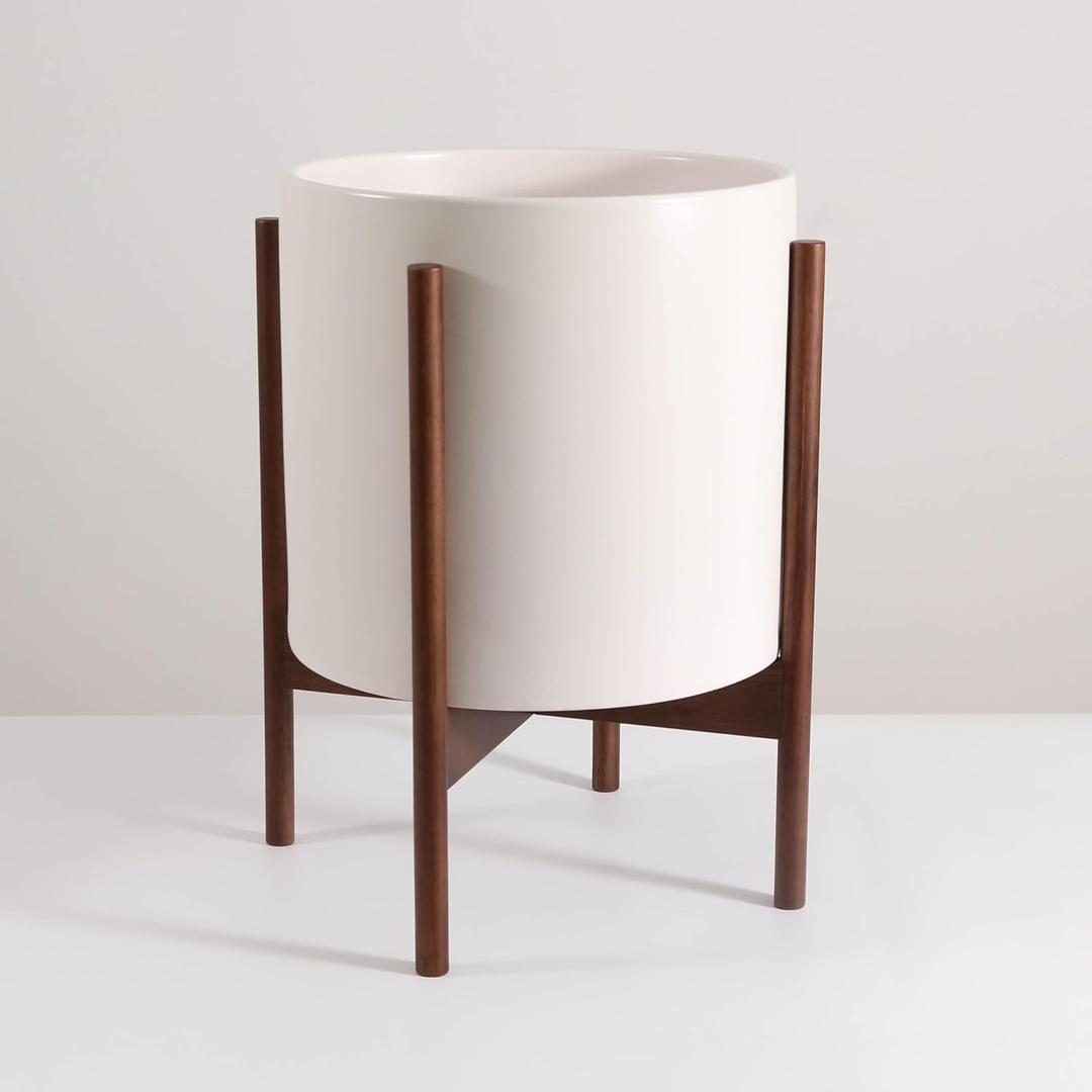 Mid Century Pot with Walnut Wood Stand - 12 inch Indoor Large Ceramic Planter for Plants, Flower, Small Tree with Drainage - Modern Wood Pots Holder - Walnut Wooden Legs - White