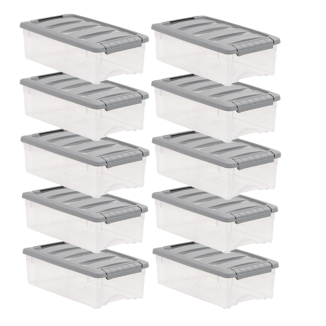 Amazon Basics Plastic Storage Containers with Secure Latching Lids, Stackable Organization Bins, Clear/Grey, 5 Quart, Set of 10