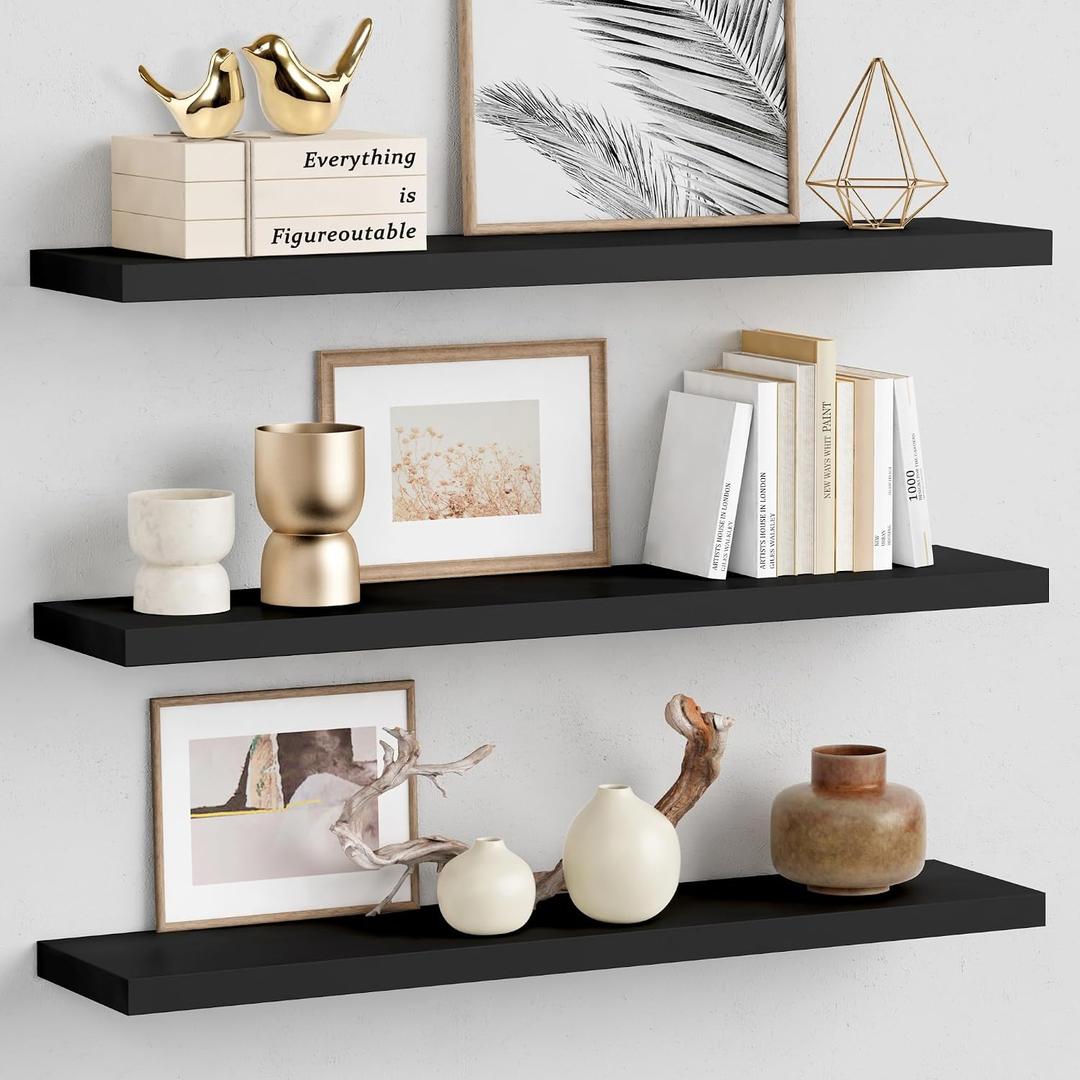 Forbena Large Floating Shelves for Wall 36 Inches Long 8 Inch Deep, Black Wall Shelves for Kitchen Bedroom, Heavy Duty Wooden Floating Shelf for Living Room Office Closet (Black, Set of 3)