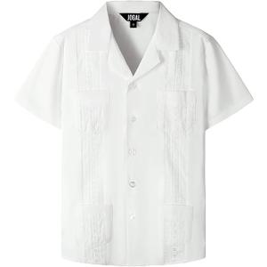 JOGAL Boys Guayabera Shirts Cuban Short Sleeve Casual Button Down Beach Shirt, White Size 6