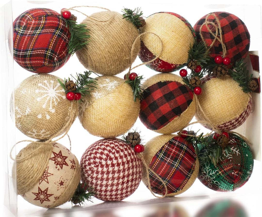 Burlap Christmas Hanging Ornaments, Farmhouse Rustic Christma Decorations, Natural Jute Ball Ornaments for Xmas Holiday Party Home Decor 12Pcs (Red)