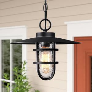 12" Black Outdoor Pendant Light with Seeded Glass, Farmhouse Exterior Hanging Lantern Chandelier with 70" Adjustable Chain for Porch Patio Gazebo Front Door (Bulb Included)