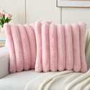 FUTEI Valentine's Day Pink Decorative Throw Pillow Covers 16x16 Inch Set of 2, Square Soft Faux Rabbit Fur Thick Striped Cushion Cover,Winter Home Decor for Couch Bed Living Room