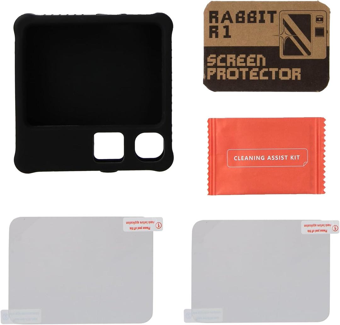 3 x 2 in 1 Protective Accessories for Rabbit R1 AI, Rabbit AI case, Soft Silicone Case & Screen Protector, Rabbit R1 Accessories,Rabbit R1 case (Black), 3 Pack