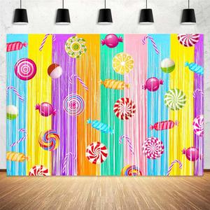 7x5ft Candy Party Photography Backdrop, Pink Sweet Candy Lollipop Birthday Baby Shower Sweet Shop Party Pool Backdrop Background Decoration (Music)