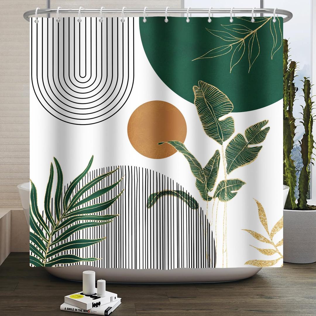 Mid Century Boho Modern Shower Curtain for Bathroom Abstract Sun Arch Geometric Leaves Minimalist Shower Curtain Set Waterproof Polyester Fabric 72x72 Inches (Green Orange)
