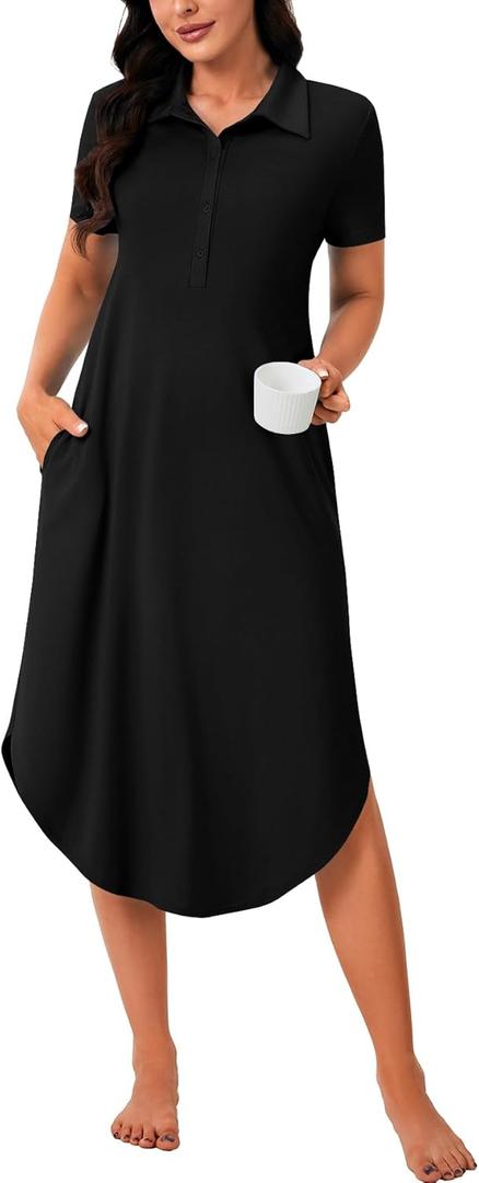 Rooscier Women's Short Sleeve Sleepshirt Button Nightshirt Full Length Sleepwear with Pockets (Black)