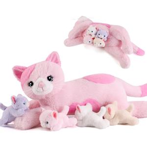 5 Pieces Cat Stuffed Animals with Babies Inside Belly - 1 Mommy Stuffed Cat with 4 Kittens - Stuffed Kitty Plush Toys for Kid Age 3-8, Gift Ideal for Christmas, Valentine's, Birthday (Pink)