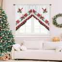 Christmas Poinsettia Swag Curtain Valance for Kitchen, Retro Cardinals Light Filtering Short Swag Topper for Windows Bedroom Bathroom Privacy Added Rod Pocket Design, 28"Wx36"L-2PCs, Red and White