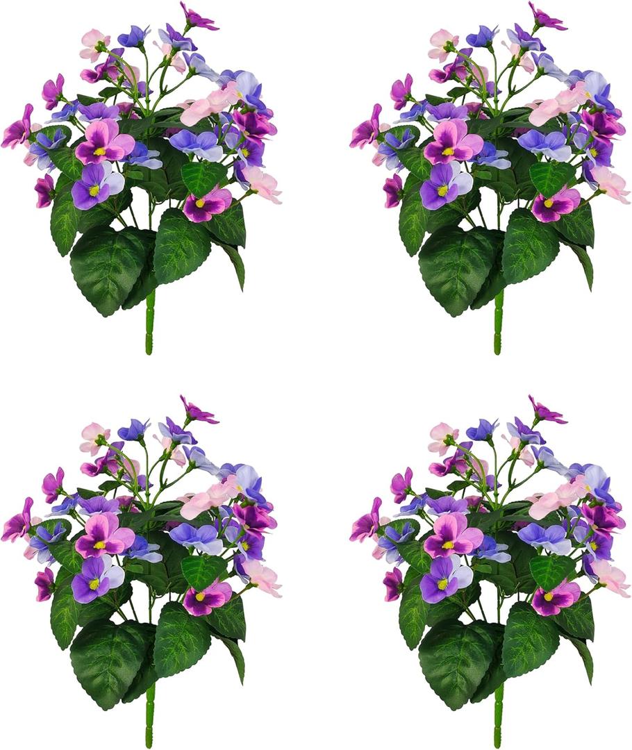 365 Blooming Decor Artificial Pansy Bushes, Lifelike Purple/Pink/Lavender Blooms, Luxury Fake Silk Pansies, Set of 4 for Planter, Porch, Window Box Home Decor, Water Proof.