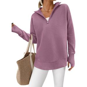 PRETTYGARDEN Womens Long Sleeve Quarter Zip Pullover Sweater Casual Loose V Neck Collared Ribbed Knit Jumper Tops Thumb Hole (X-Large, Light Purple)