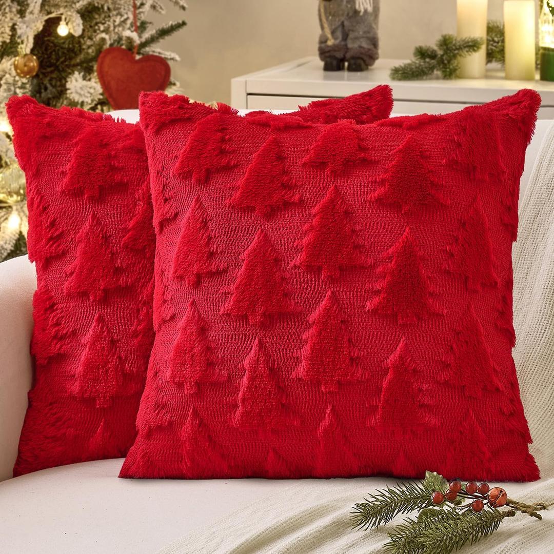 MIULEE Christmas Throw Pillow Covers Red Christmas Decorations Set of 2 Xmas Tree 18x18 Pillow Covers Soft Plush Faux Wool Pillowcases Holiday Festivals Winter Home Decor Sofa Couch Bed Porch