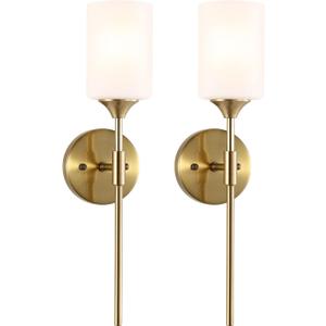 BYOLIIMA Gold Wall Sconce Set of 2 with White Cylinder Glass Shades Modern Mid Century Bathroom Vanity Wall Light Fixtures Industrial Brushed Brass Wall Lamp for Bedroom Mirror Living Room Restaurant