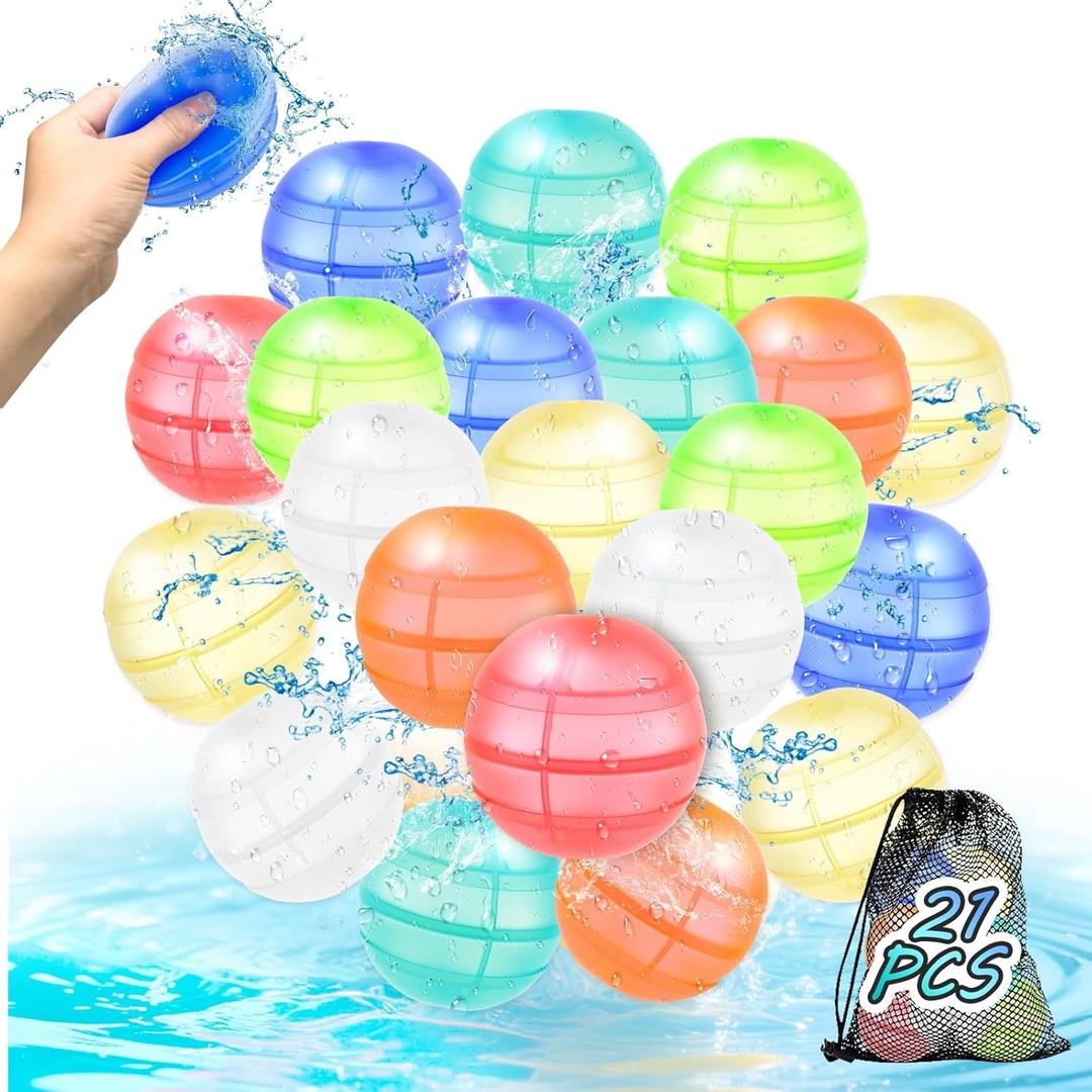 Reusable Water Balloons for Kids & Adults, 21 Pack Refillable Silicone Water Balloons Quick Fill, Self Sealing Water Balloon for Pool, Summer Toys Beach Toys for Outdoor Idea Gift, Party Supplies