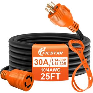 25 Ft 30 Amp 4 Prong Generator Extension Cord, NEMA L14-30P to L14-30R, 410 Gauge STW 125/250V Up to 7500W Generator Cable, ETL Listed (Orange)