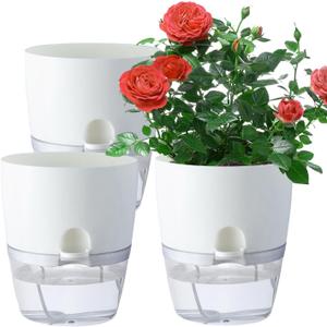 6 Inch Self Watering Plastic Plant Pots for Indoor Plants - 3 Pack White Orchid Planters with Wick Ropes & Drainage Holes, Modern Decorative Garden Pots with Water Reservoir
