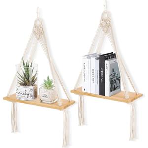 Macrame Wall Hanging Shelf Set of 2,Boho Wooden Display Floating Shelves for Wall Decor with Handmade Woven Rope,Farmhouse Rustic Plant Shelf for Bedroom Dorm Nursery Living Room Bathroom (Nature)