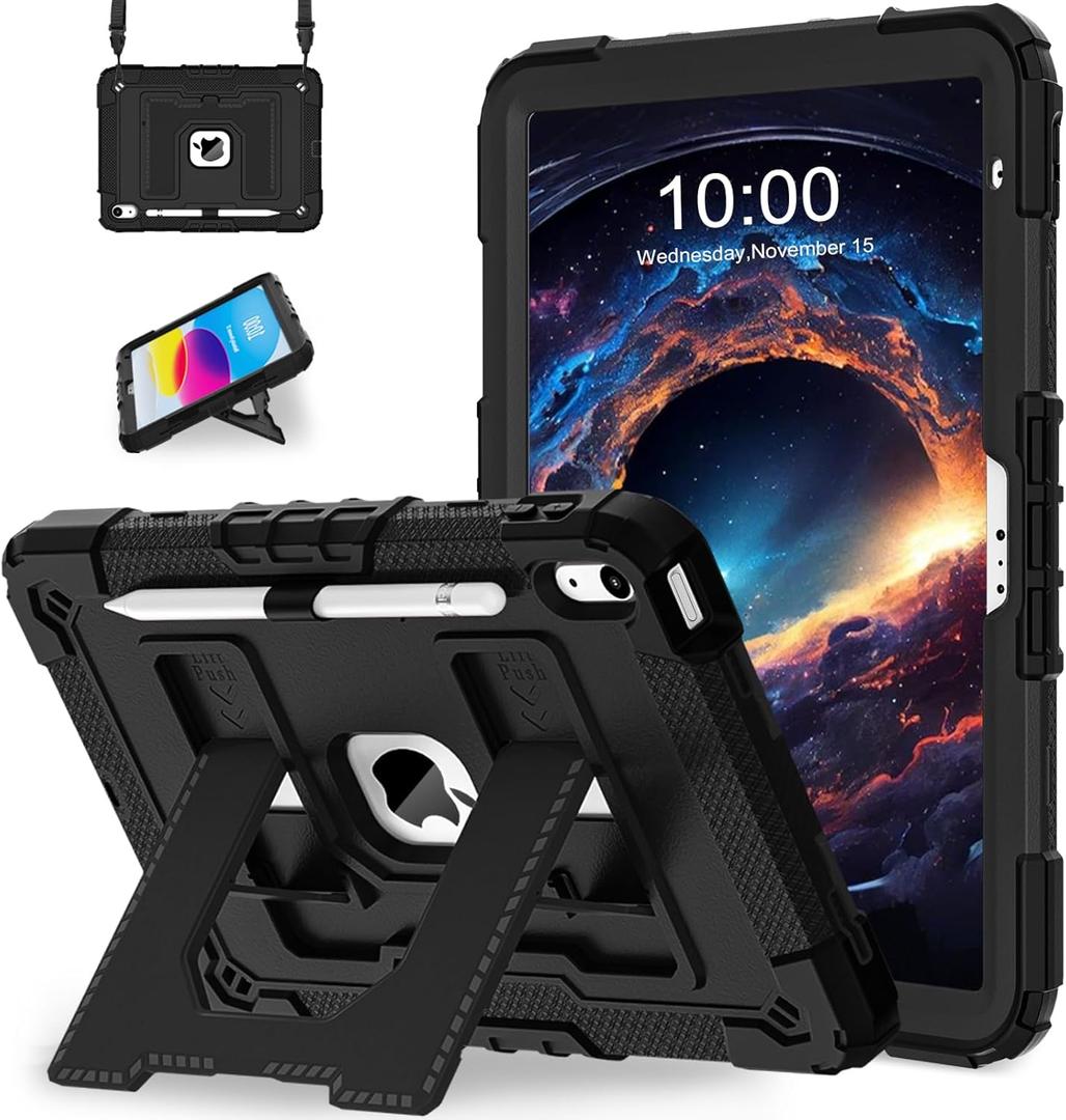 WESOROL Case for iPad A16 11th Generation 11 Inch (2025) iPad 10th Generation 10.9 Inch (2022),i Pad A16 Case Military Grade Shockproof Cases with Pencil Holder Shoulder Strap,Black