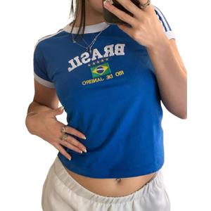 Vintage Graphic Baby Tees for Women Brazil Shirt Y2k Tops Mexico Crop Top Jersey 2000s Summer Going Out Tops (Blue, S)