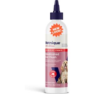 Vetnique Oticbliss Advanced Strength Medicated Dog Ear Infection Treatment, Antiseptic Ear Cleaner for Cat & Dog Ear Cleaning Solution Chlorhexidine & Ketoconazole (6oz Flush) Exp 10/27
