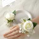 Meldel Wrist Corsage and Boutonniere Set(2pcs), Ivory White Artificial Silk Rose Pearls Bracelets Corsage for Bride, Groom Best Man Boutonniere Wedding Flower Accessories Prom Ceremony Party Decor