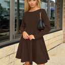 ZESICA Womens Long Sleeve Mini Dress 2026 Fall Crewneck Pleated Babydoll A Line Flowy Wedding Party Short Dresses (L)