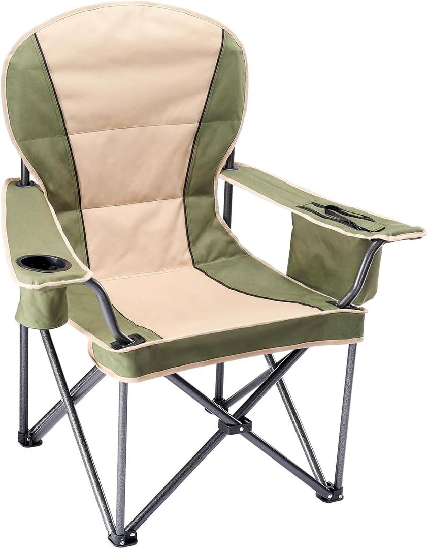 NEWBULIG Oversized Folding Camping Chair for Adults, Portable Outdoor Collapsible Chairs, 500 LBS Heavy Duty Support, with Cup Holders, Side Cooler & Pockets, for Lawn, Fishing, Hiking, Green