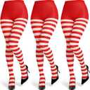 Hicarer 3 Pairs Mardi Gras Striped Tights for Women Elastic Striped Leggings Footed Tights for Mardi Gras Costume White and Red Stripe) (Red)