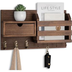 Lwenki Wall Mount Key Holder with Mail Organizer, 100% Paulownia Wood, 7 Metal Hooks, Storage Drawer, Entryway Home Decor (Brown)